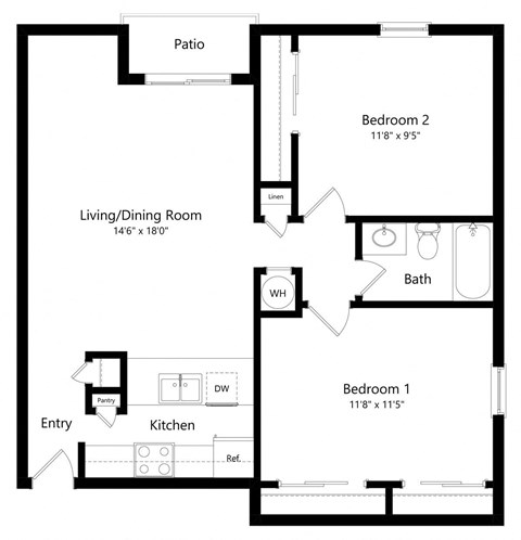 Floor plan for 2 beds, 1 bath, 880 sqft